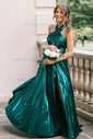 A-line Halter Metallic Floor-length Prom Dresses With Ruched