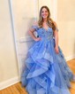 Ball Gown/Princess Off-the-shoulder Glitter Sweep Train Prom Dresses With Appliques Lace