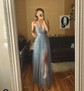 A-line V-neck Tulle Floor-length Prom Dresses With Split Front