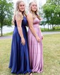 A-line V-neck Silk-like Satin Floor-length Prom Dresses With Ruffles