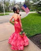 Trumpet/Mermaid V-neck Organza Sweep Train Prom Dresses With Appliques Lace