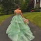 Ball Gown/Princess V-neck Organza Sweep Train Prom Dresses With Appliques Lace