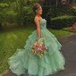 Ball Gown/Princess V-neck Organza Sweep Train Prom Dresses With Appliques Lace