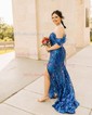 Trumpet/Mermaid Off-the-shoulder Glitter Sweep Train Prom Dresses With Feathers / Fur