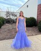 Trumpet/Mermaid V-neck Tulle Glitter Sweep Train Prom Dresses With Appliques Lace