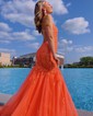 Trumpet/Mermaid V-neck Tulle Glitter Sweep Train Prom Dresses With Appliques Lace