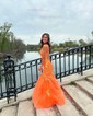 Trumpet/Mermaid V-neck Tulle Glitter Sweep Train Prom Dresses With Appliques Lace