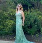 Trumpet/Mermaid V-neck Lace Sweep Train Prom Dresses With Appliques Lace