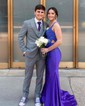 Trumpet/Mermaid V-neck Jersey Sweep Train Prom Dresses With Crystal Detailing