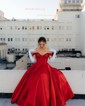 Ball Gown/Princess Off-the-shoulder Satin Sweep Train Prom Dresses With Beading