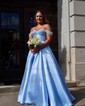 Ball Gown/Princess Off-the-shoulder Satin Sweep Train Prom Dresses With Beading