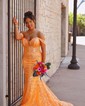 Trumpet/Mermaid Off-the-shoulder Tulle Sweep Train Prom Dresses With Appliques Lace