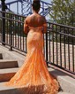 Trumpet/Mermaid Off-the-shoulder Tulle Sweep Train Prom Dresses With Appliques Lace