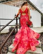 Trumpet/Mermaid V-neck Organza Sweep Train Prom Dresses With Appliques Lace