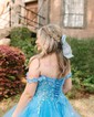 Ball Gown/Princess Off-the-shoulder Glitter Floor-length Prom Dresses With Appliques Lace