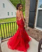 Trumpet/Mermaid V-neck Glitter Sweep Train Prom Dresses With Appliques Lace