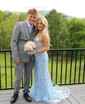 Trumpet/Mermaid V-neck Glitter Sweep Train Prom Dresses With Appliques Lace