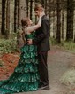 Ball Gown/Princess Off-the-shoulder Tulle Sweep Train Prom Dresses With Appliques Lace