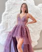 A-line V-neck Tulle Asymmetrical Prom Dresses With Tiered