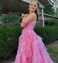 Ball Gown/Princess V-neck Tulle Glitter Sweep Train Prom Dresses With Tiered