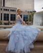 Ball Gown/Princess Off-the-shoulder Glitter Sweep Train Prom Dresses With Appliques Lace