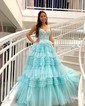 Ball Gown/Princess V-neck Tulle Glitter Sweep Train Prom Dresses With Appliques Lace