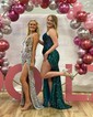 Trumpet/Mermaid V-neck Velvet Sequins Sweep Train Prom Dresses With Split Front