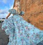 Ball Gown/Princess Off-the-shoulder Tulle Sweep Train Prom Dresses With Sashes / Ribbons