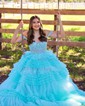 Ball Gown/Princess V-neck Tulle Glitter Sweep Train Prom Dresses With Appliques Lace