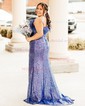 Sheath/Column Strapless Sequined Sweep Train Prom Dresses With Feathers / Fur