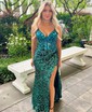 Trumpet/Mermaid V-neck Velvet Sequins Sweep Train Prom Dresses With Split Front