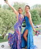 Trumpet/Mermaid V-neck Sequined Sweep Train Prom Dresses