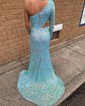 Sheath/Column Sweep Train One Shoulder Velvet Sequins Long Sleeves Split Front Prom Dresses