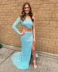 Sheath/Column Sweep Train One Shoulder Velvet Sequins Long Sleeves Split Front Prom Dresses