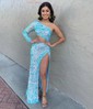 Sheath/Column Sweep Train One Shoulder Velvet Sequins Long Sleeves Split Front Prom Dresses