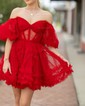 Pink Off Shoulder Puff Sleeve Tulle Mini Dress