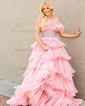 Ball Gown/Princess Straight Organza Sweep Train Prom Dresses With Beading