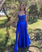 A-line Cowl Neck Silk-like Satin Sweep Train Prom Dresses With Split Front