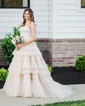 Ball Gown/Princess Straight Tulle Glitter Sweep Train Prom Dresses With Tiered