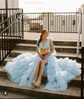 Ball Gown/Princess V-neck Tulle Sweep Train Prom Dresses With Tiered