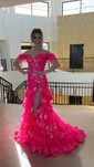 Trumpet/Mermaid Off-the-shoulder Tulle Sweep Train Prom Dresses With Appliques Lace