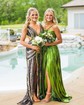 A-line Halter Metallic Sweep Train Prom Dresses With Split Front