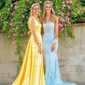 Trumpet/Mermaid Scoop Neck Tulle Sweep Train Prom Dresses With Beading