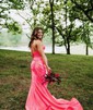 Trumpet/Mermaid Sweetheart Silk-like Satin Sweep Train Prom Dresses With Ruched