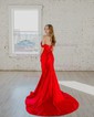 Trumpet/Mermaid Off-the-shoulder Silk-like Satin Sweep Train Prom Dresses With Ruched