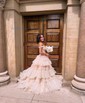 A-line Off-the-shoulder Tulle Glitter Sweep Train Prom Dresses With Appliques Lace