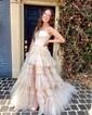 Ball Gown/Princess Straight Tulle Glitter Sweep Train Prom Dresses With Tiered