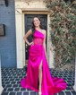 Trumpet/Mermaid One Shoulder Silk-like Satin Sweep Train Prom Dresses With Ruched