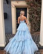 Ball Gown/Princess Sweetheart Tulle Glitter Sweep Train Prom Dresses With Appliques Lace