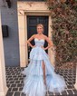 Ball Gown/Princess Sweetheart Tulle Glitter Sweep Train Prom Dresses With Appliques Lace